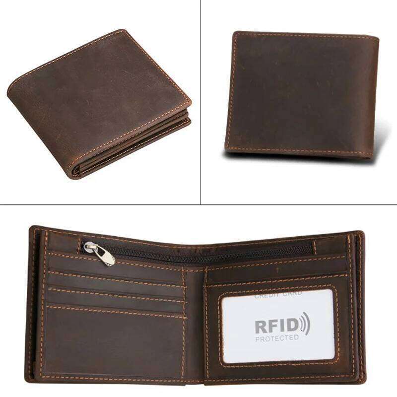 RFID Blocking Men's Oil Wax Skin Man Vintage Cow Genuine Leather Wallet Male Handmade Billfold Coin Purse Short Wallets C260304