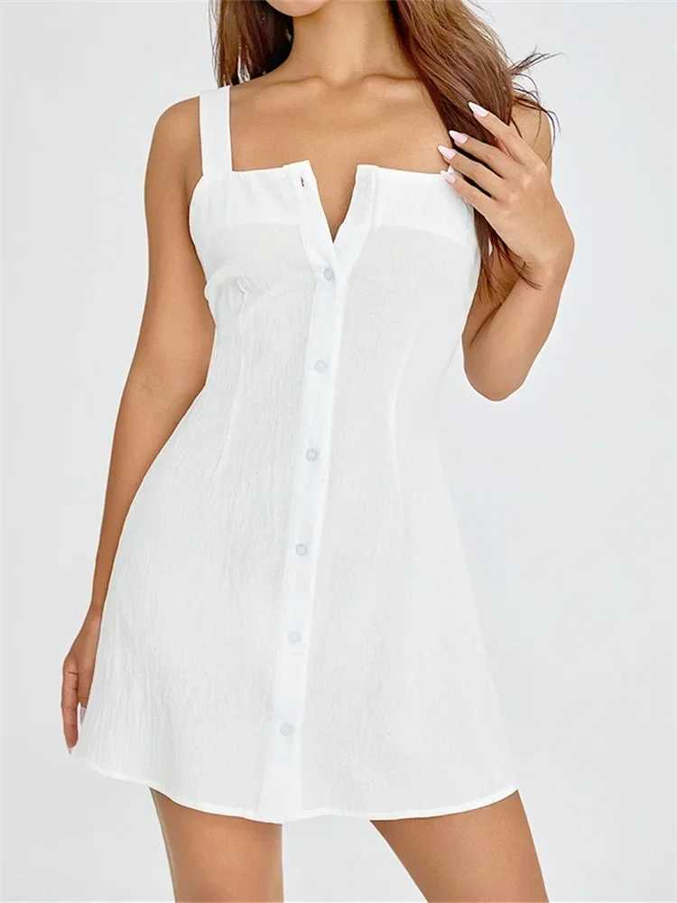 Women Short Dress Sleeveless Square Neck Buttoned Mini Dresses Summer Beach Casual Sundress M260304