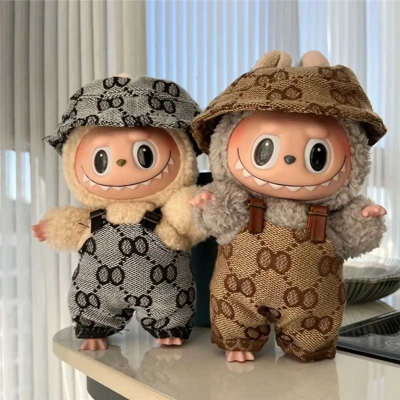 17cm Labubu Brown Monogram Overalls Hat Set, Luxury Retro Doll Outfit for V1 V2 V3 Party Accessories & GiftsT260304