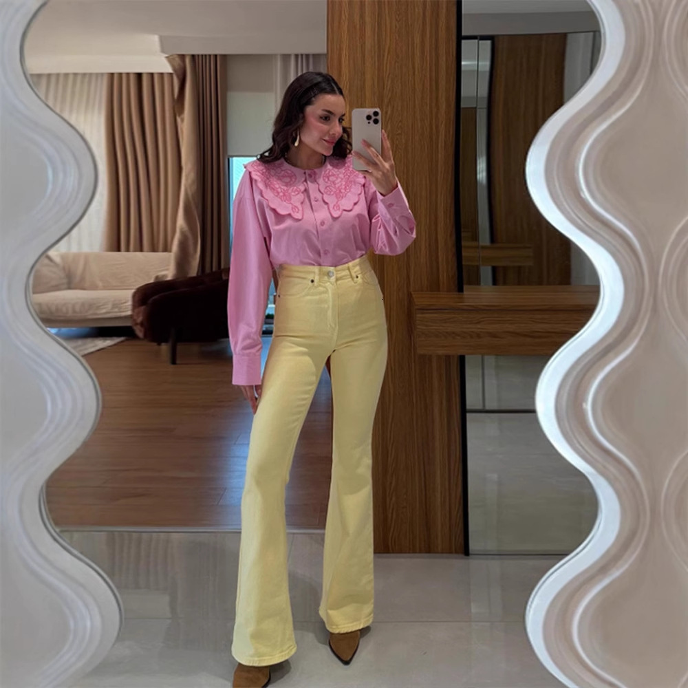 Embroidery Doll Collar Shirt Women Single Breasted Loose Long Lantern Sleeve Top Spring Street Shirts Female Blouses Pink 240807