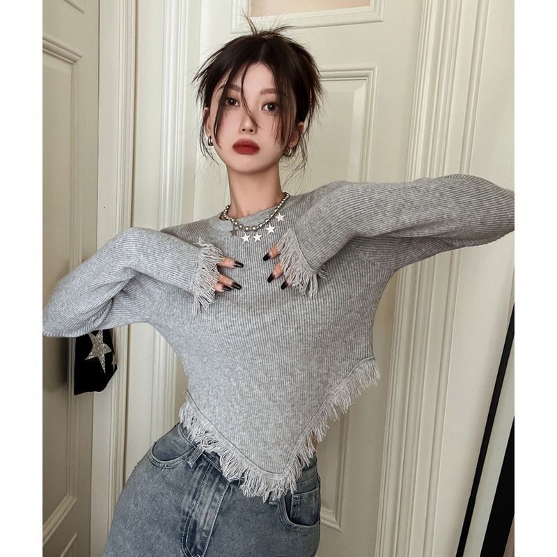 Autumn Winter Design Round Neck Tassel Designer Shirt Irregular Long Sleeve T-shirt For Polo Shirt Women Designer Hoodie Slim Fit Pure Desire Style Short Autumn Top