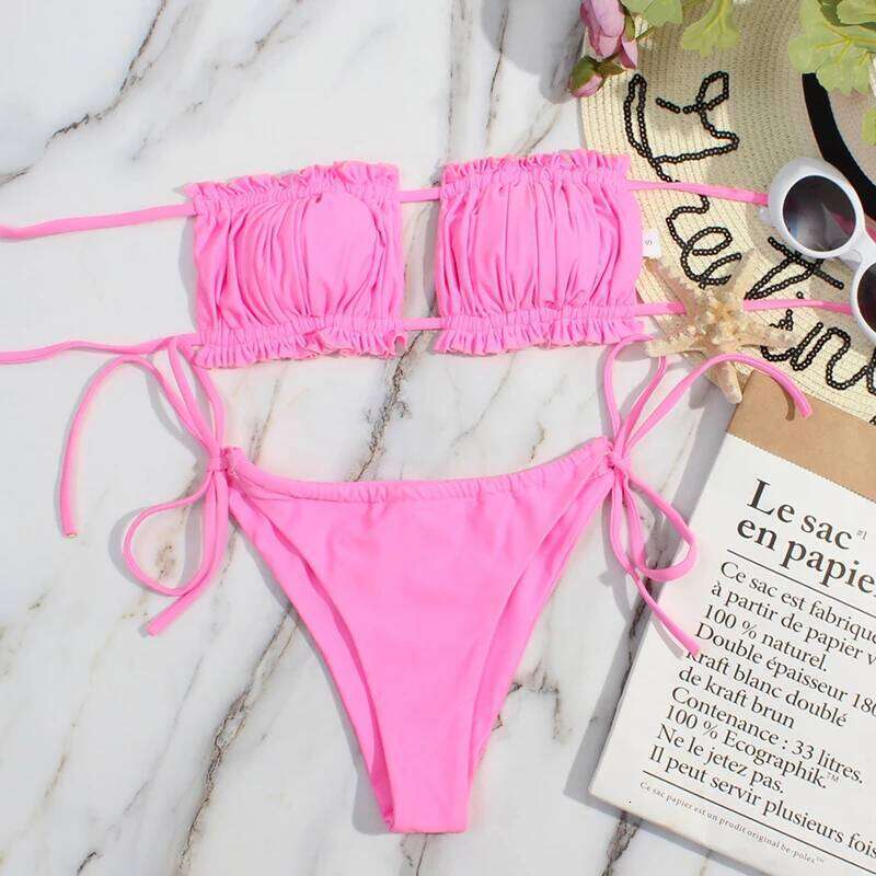 Sexy Solid 2025 Pleated Bandeau Swimsuit Female Low Waist Swimwear Women Beach Mini Thong Bikini Set Bathing Suit Y260303