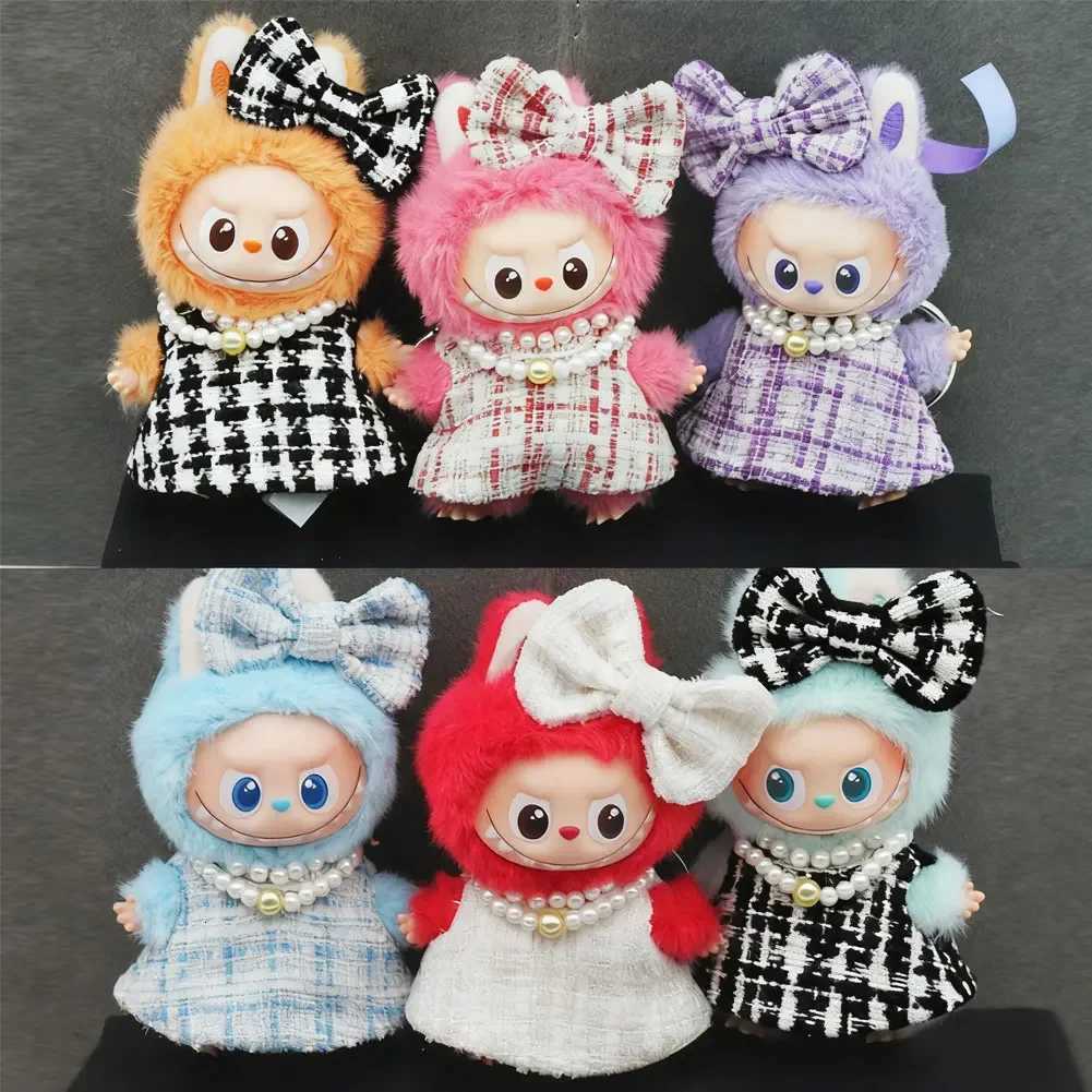 Luxury Plaid Tweed Dress Set with Bow & Pearl Necklace for 10.5cm V4 & 40cm Labubu Dolls Cute Outfit AccessoriesT260304