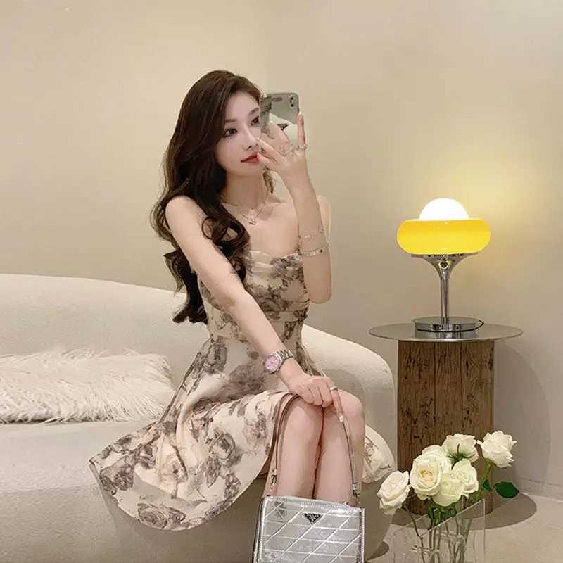 Dresses Women Ink Printed Waist Hollow Out Backless French Temper Chic Sundress All-match Sweet Sexy Girls Streetwear Summer M260304