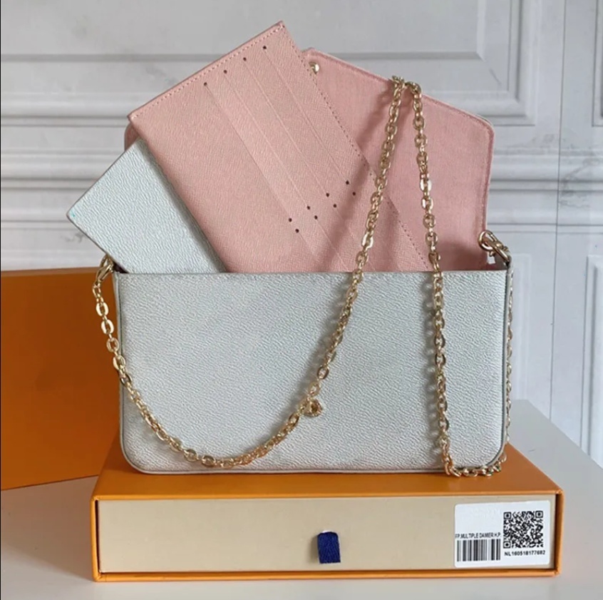 3 in 1 Wallet Chain bags Shoulder Bag Dove Grey Leather with Bold Envelope Detachable Gold Chain 3 Clutch 69977 Embossed Real Leather Cream Totes Bag Handbag Purse