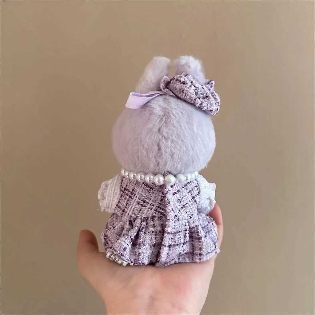 Luxury Purple Check Tweed Set with Plush Hood & Pearl Necklace for 15-17cm Labubu & 10cm Cotton Dolls AccessoriesT260304
