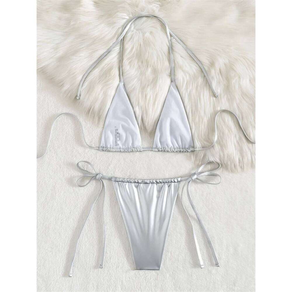 PU Silver Bikini Triangle String Halter Backless Extreme Y2K Swimsuit Push Up Swimwear Micro Thongs Women Beach Set Bathing Suit Y260303