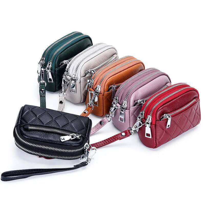Women Purse Cowhide Large Capacity Three Zipper Multifunction Money Lipstick Pocket Clutch Coin Bag Removable Wrist Strap C260304