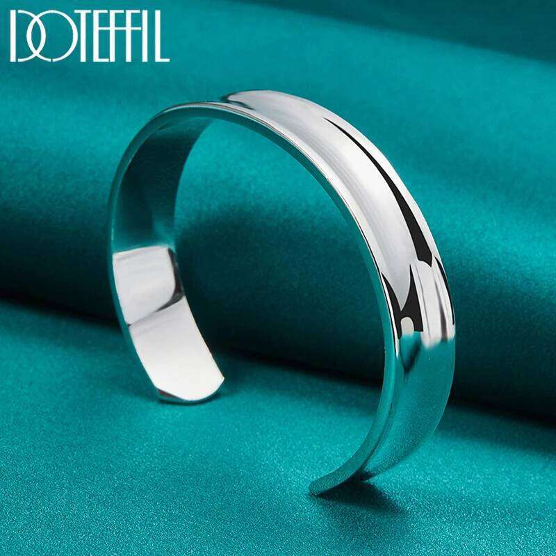 DOTEFFIL 925 Sterling Silver 12mm Smooth Adjustable Bangle Bracelet For Man Woman Fashion Wedding Engagement Party Jewelry XJ260303