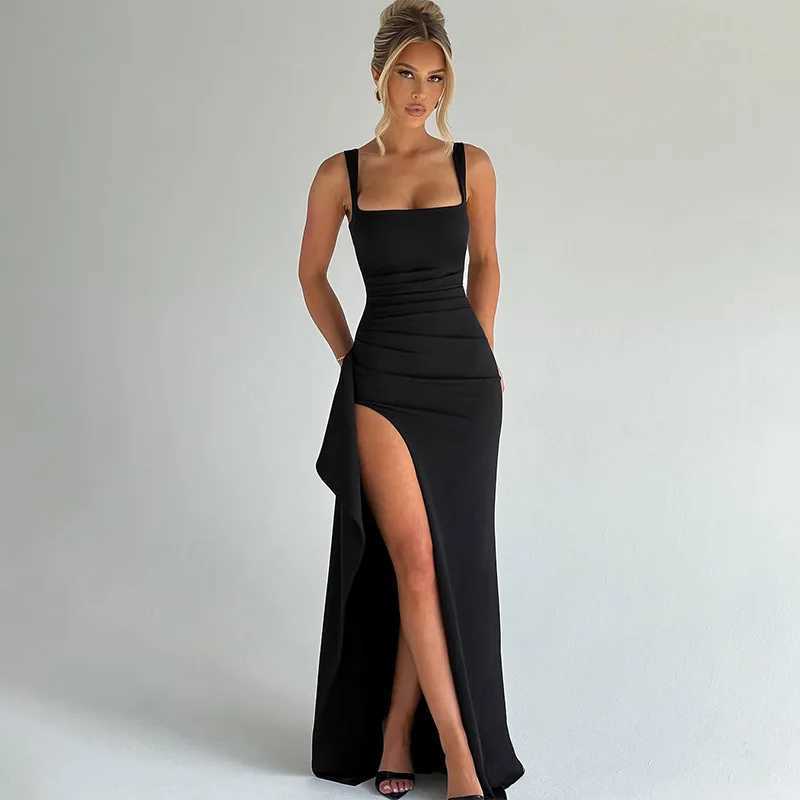 Womens Bodycon Evening Dress Spaghetti Strap Square Neck Slit Midi Dress Sexy Formal Prom Night Gown Party Dresses M260304