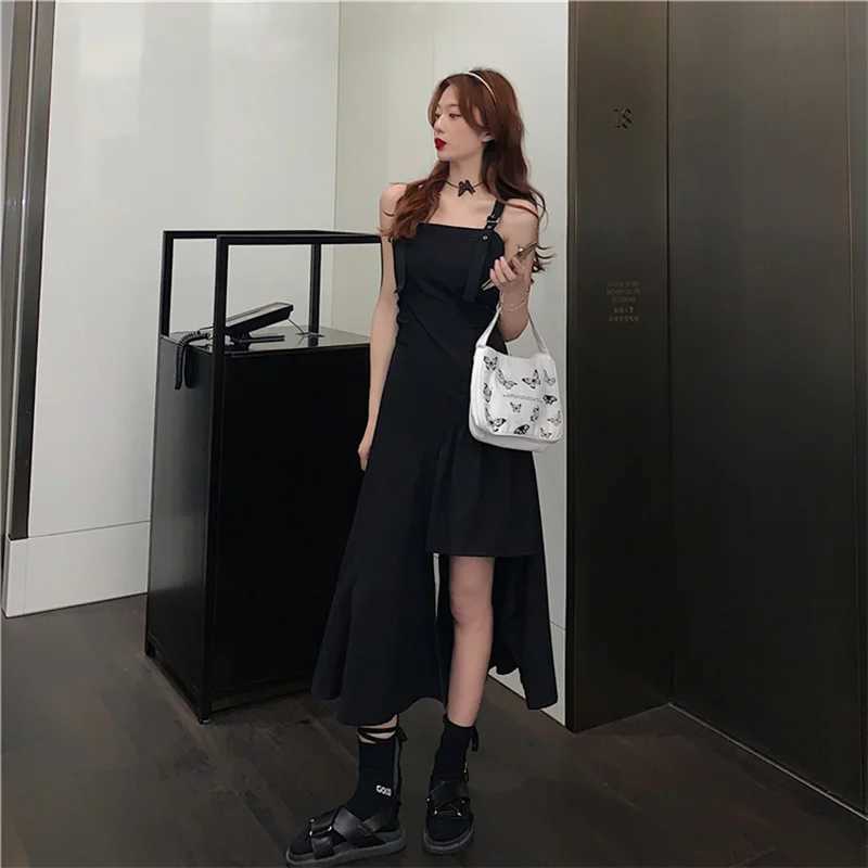 Streetwear Women Dress Fashion Summer Asymmetrical Sleeveless Sundress Lace-up Vintage Black Solid College Harajuku Chic Girls M260304