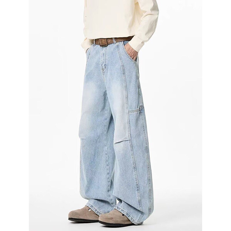 American Retro Distressed Pleated Jeans For Designer Pants Men High Street Loose Fit Versatile Trendy Wide-leg Casual Pants
