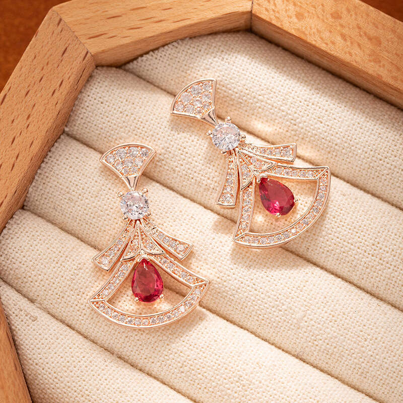 Fan-shaped Natural Red Agate Full Diamond Earrings High Version Internet Celebrity Skirt Earrings For Women