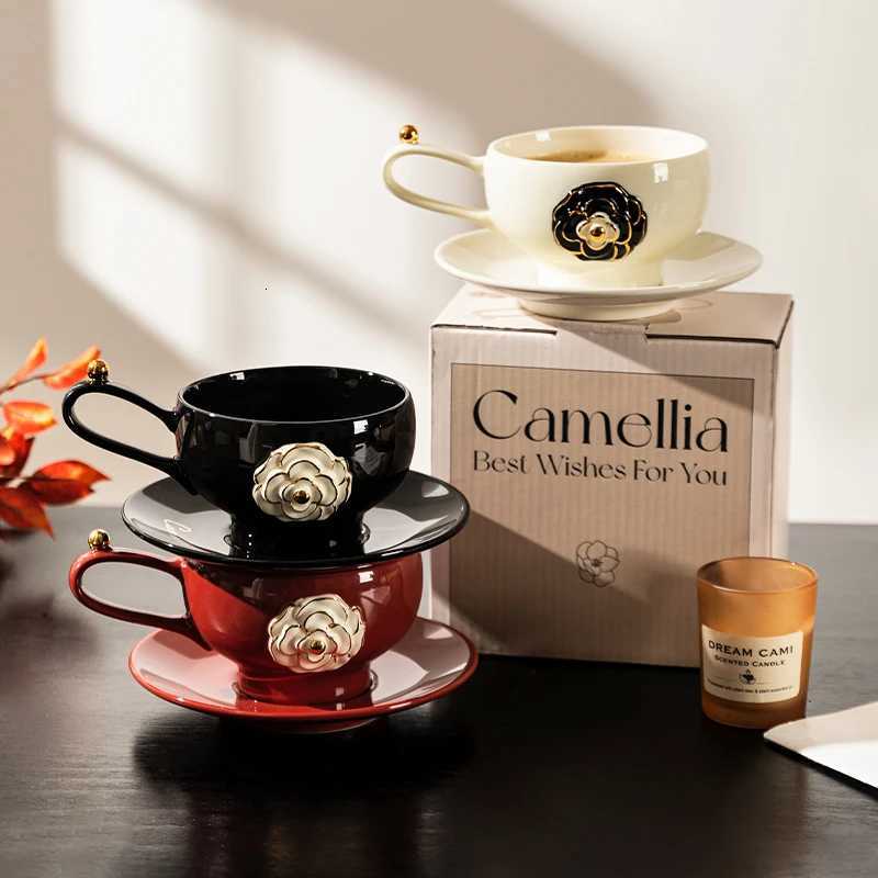 High-Grade Exquisite Cup 2025 New Three-Dimensional Camellia Coffee Cup Saucer Ceramic Cup Red White Black Suit 280MLT260304