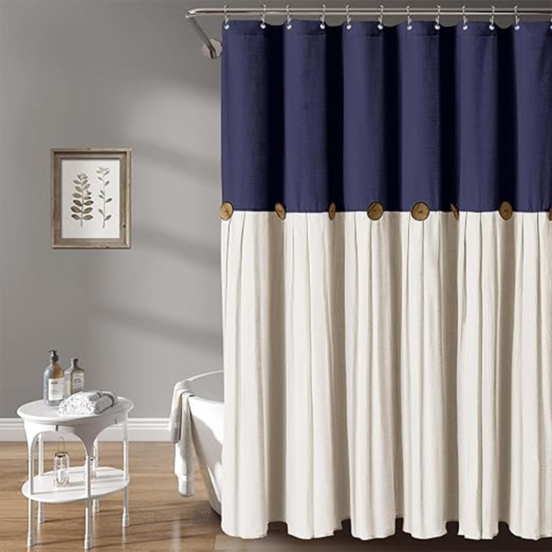 YL-38293 Button-trimmed bathroom shower curtain, cotton and linen waterproof button-down bathroom curtain.