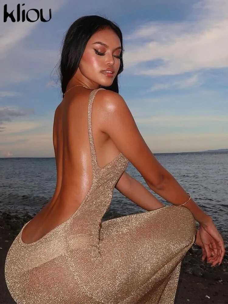 kliou Shiny Long Dress Stunning Women Solid Summer Thin Mesh Sheer Backless Sleeveless Bodycon Female Elegant Fashion Vestidos M260304