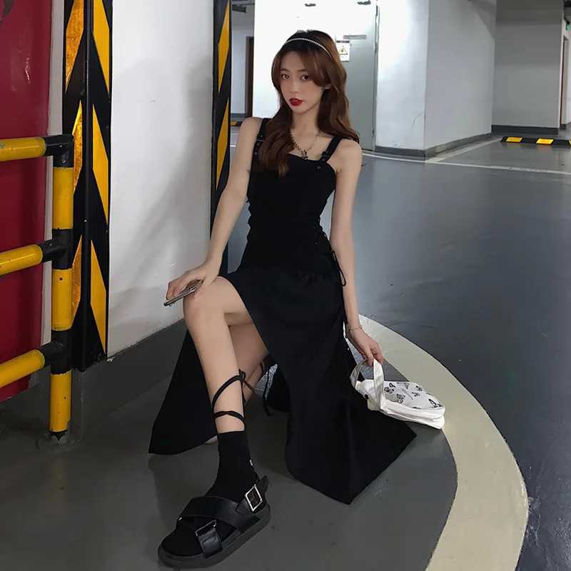 Streetwear Women Dress Fashion Summer Asymmetrical Sleeveless Sundress Lace-up Vintage Black Solid College Harajuku Chic Girls M260304