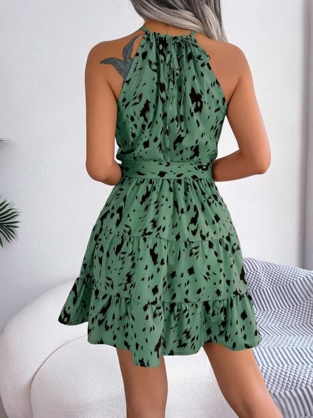 Leopard Print Ruffled Hanging Neck Fashion Dress Women Spring Summer Sexy Halter Mini Dress M260304