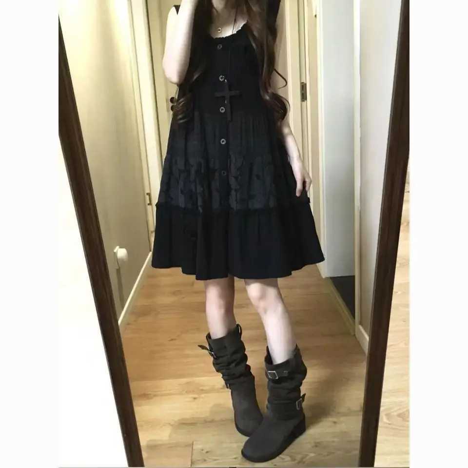 Vintage Black Print Loose Sling Dress Womens Summer New Retro Sleeveless Sweet Dresses Design Hepburn Gothic Patchwork Outfits M260304