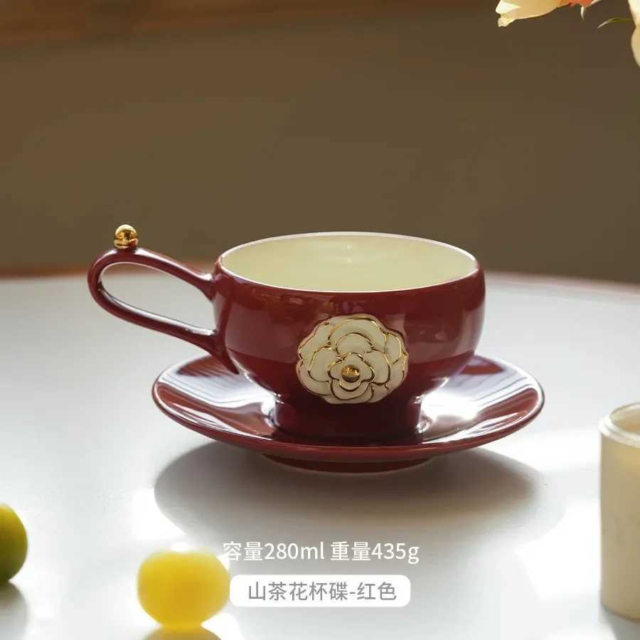 Camellia Ceramic Light Luxury Niche Premium Coffee Cup and Saucer Set Household Afternoon Tea Latte CupSuit280mlT260304