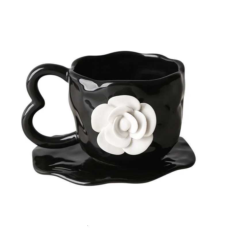Handheld flower coffee cups and plates ceramic three-dimensional relief mugs flower cups high aesthetic value tea flower cupsT260304