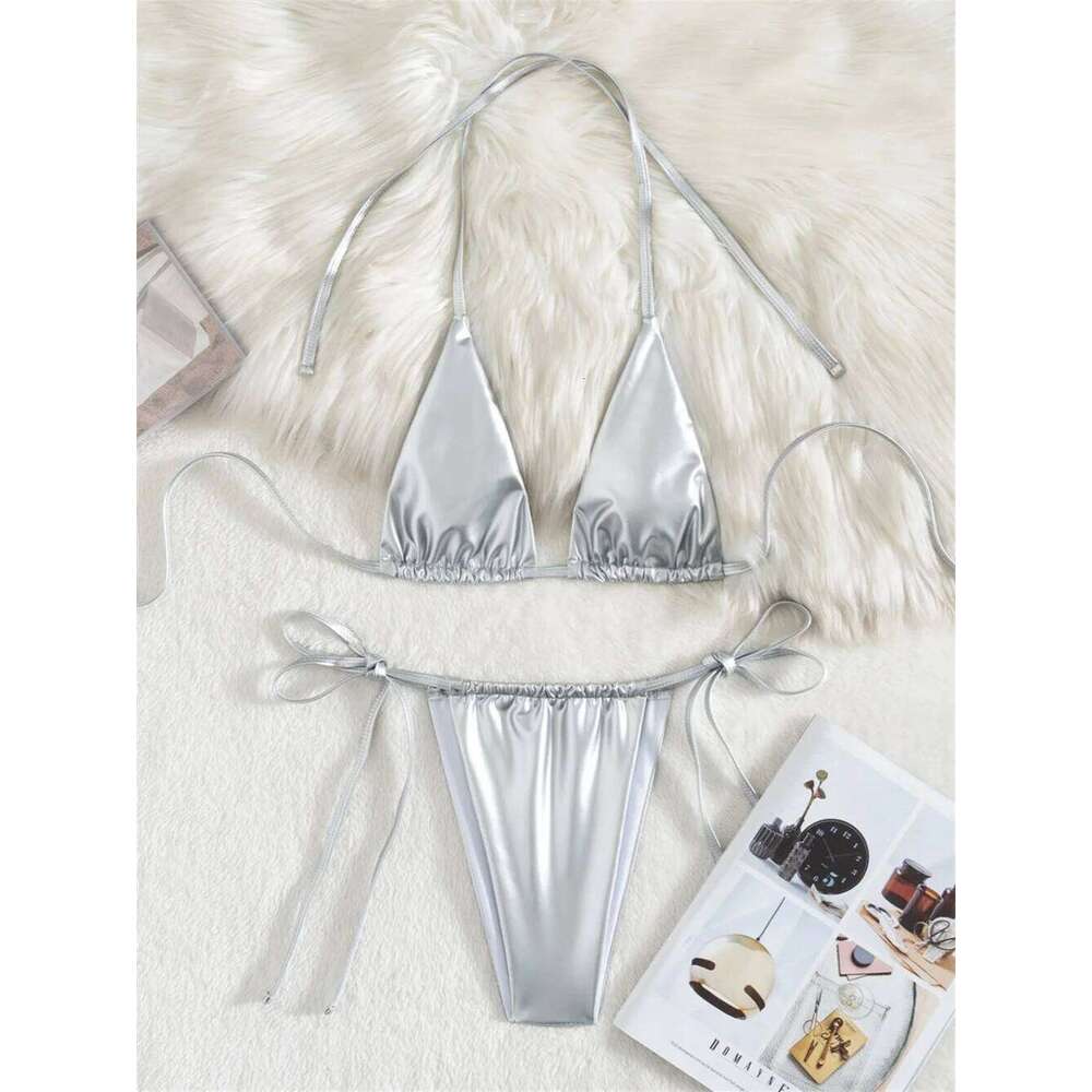 PU Silver Bikini Triangle String Halter Backless Extreme Y2K Swimsuit Push Up Swimwear Micro Thongs Women Beach Set Bathing Suit Y260303
