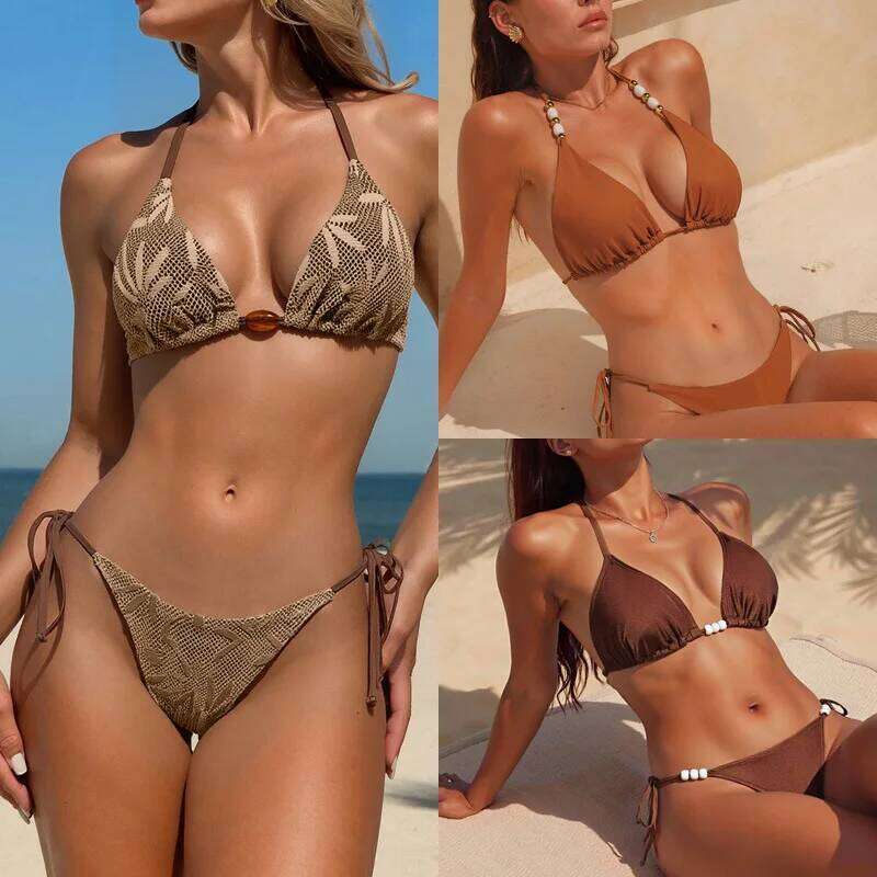 2026 New Beaded Set Textured Fabric & Adjustable Ties Sexy Cross-Back Design Halter Open Back Bikini Sets Women's Outfits Y260303