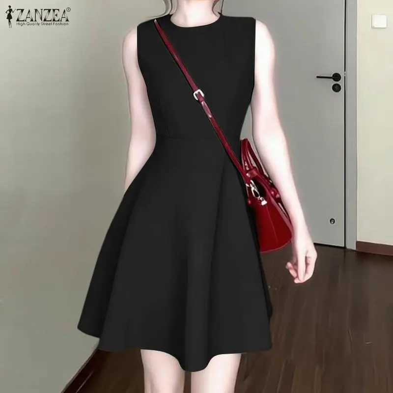 ZANZEA Summer Woman Elegant A-Line Party Dress Solid Color O-Neck Sleeveless Fit and Flare Knee-Length Dress Minimalist Sundress M260304