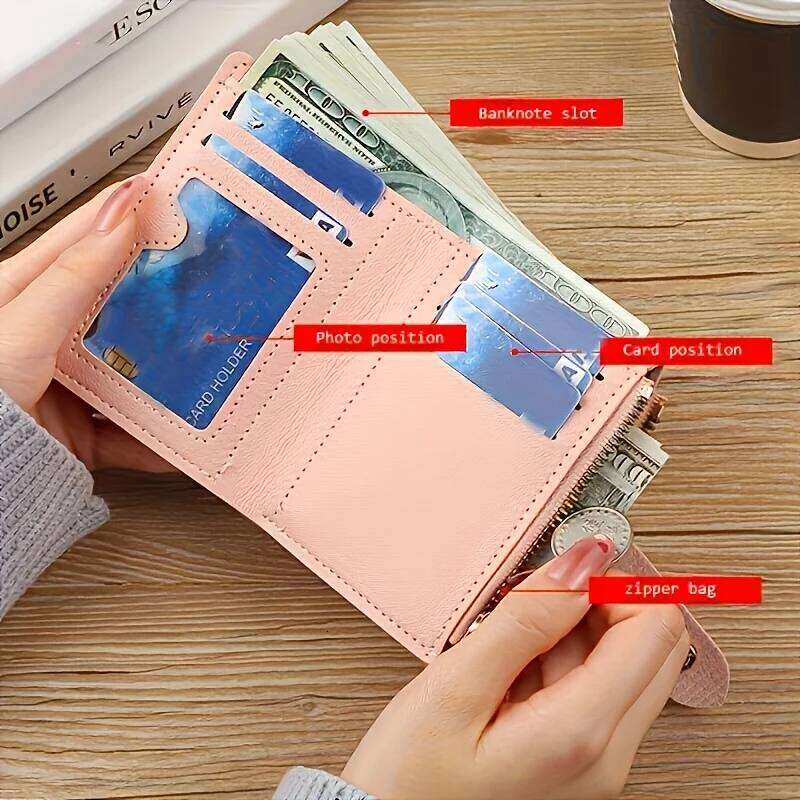 1 ladies' zippered pocket wallet with buckle closure, credit card slots, and ID holder - red foldable design that can store C260304