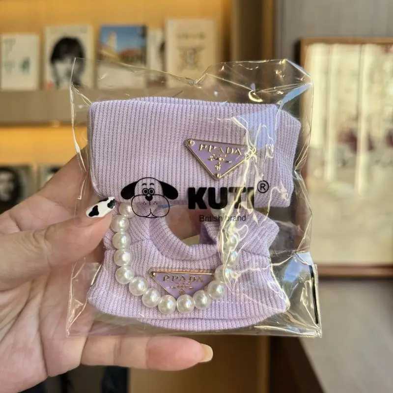 Ice Blue Luxury Knit Set with Triangle Badge Beanie & Pearl Necklace for Labubu Dolls Gift AccessoriesT260304