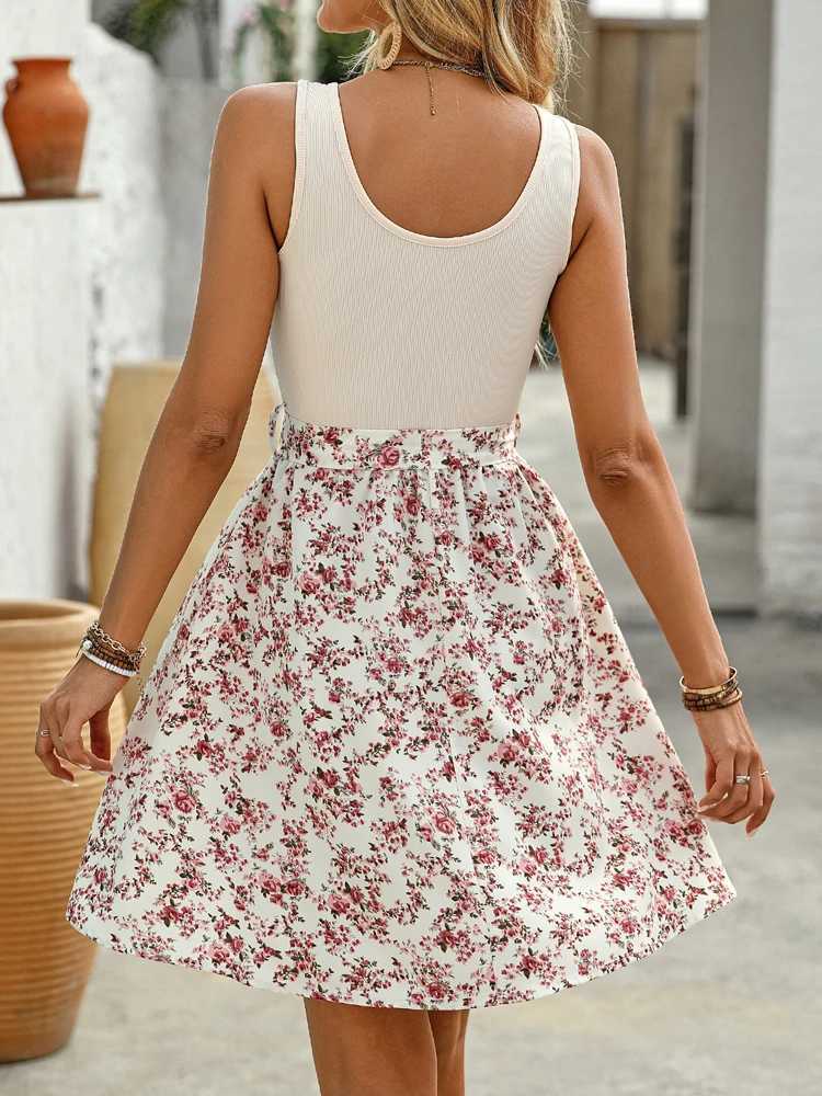 New Summer Woman Elegant Lace-up Sleeveless A-Line Dressbeach Dress For LadiesWoman ClothingFloral Dresses M260304