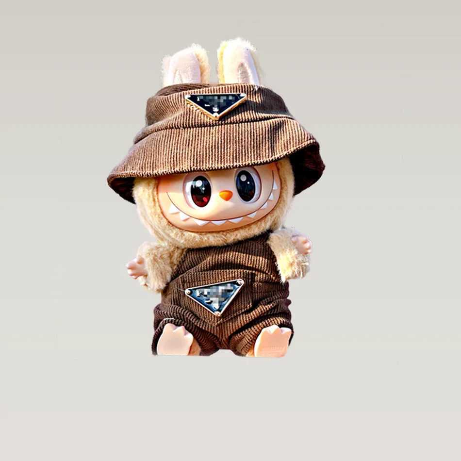 Labubu 17cm Korean Idol Outfit - Corduroy Jumpsuit & Bucket Hat Set, Kpop Style Doll ClothesT260304