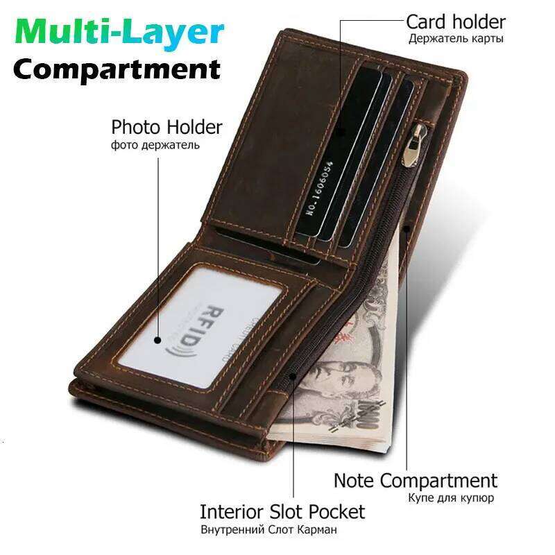 RFID Blocking Men's Oil Wax Skin Man Vintage Cow Genuine Leather Wallet Male Handmade Billfold Coin Purse Short Wallets C260304