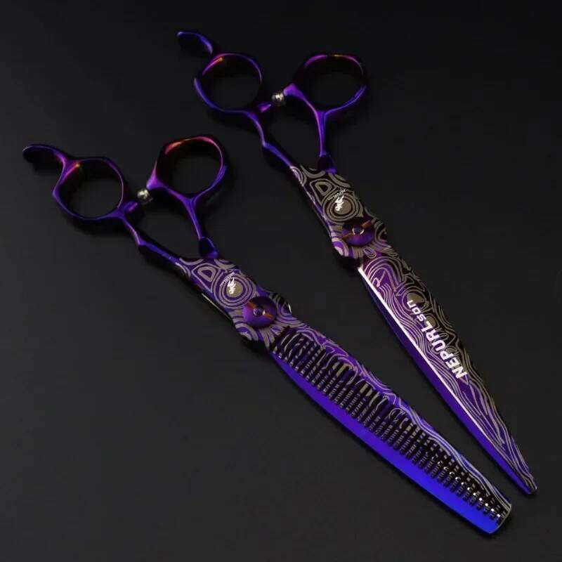 Upscale hair scissors, cutting barber tools, haircut thinning shears, 7 inches purple Damascus scissor H260303