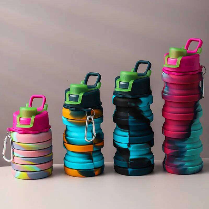 Outdoor Sports Silicone Foldable For Camouflage Creative Travel Reusable Leakproof Water Bottle With Carabiner S260303
