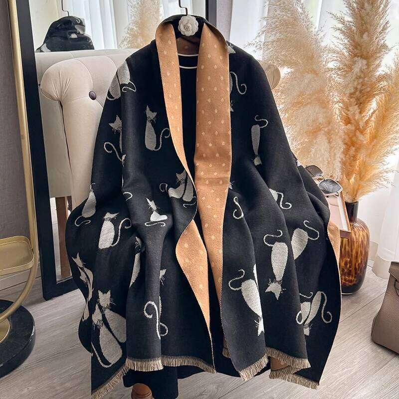 Women's Autumn Winter Warm Cat Pattern Faux Cashmere Scarf Jacquard Shawl Wrap Cozy Blanket Neck Protection XJ260304