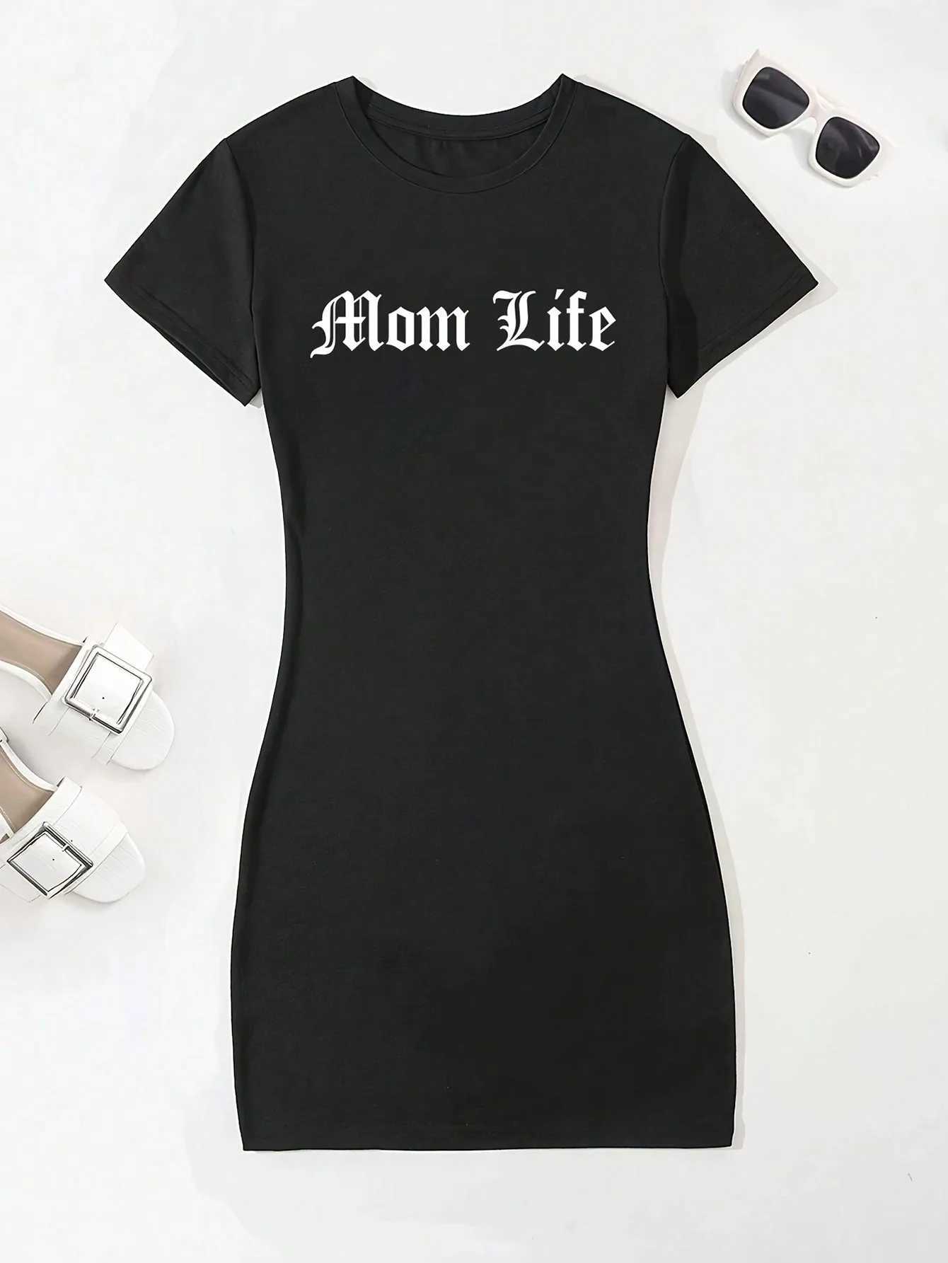 Womens Summer Bodycon Elegant Sexy Round Neck Short Sleeve Fashionable Versatile Slim Dress Lettering Print A-line hip-hugging M260304