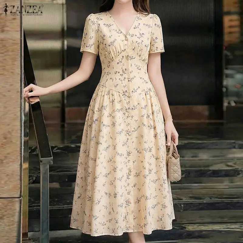 2026 ZANZEA Summer Elegant Casual Holiday Party Dress Women Floral Printed Dresses V Neck Short Sleeve Vestido A Line Robe Femme M260304