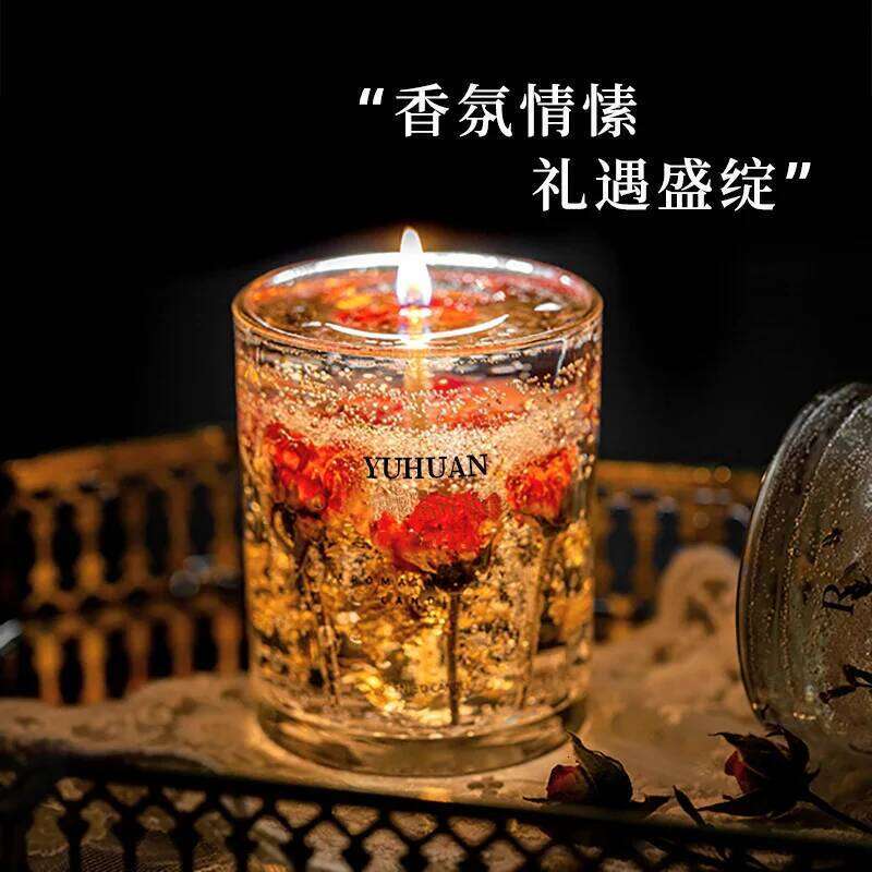 7x8.5cm Real Flower Jelly Scented Candle, Transparent Glass Cup Ornament, Creative Fragrance Jar Wax Souvenir Gift W260304