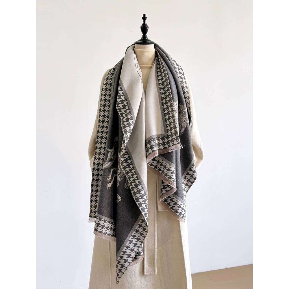 Women's Winter Faux Cashmere Scarf - Thick Warm Cashew Flower & Animal Print Design, Multi-Functional Travel Blanket, Fashion XJ260304