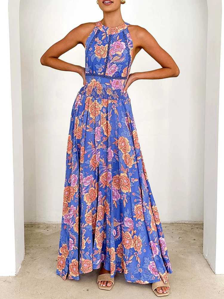 Summer New Pleated Long Dresses Fashion Pattern Printed Sleeveless Swing Beach Dress Female O-neck High Waisted Bohemian Dress M260304