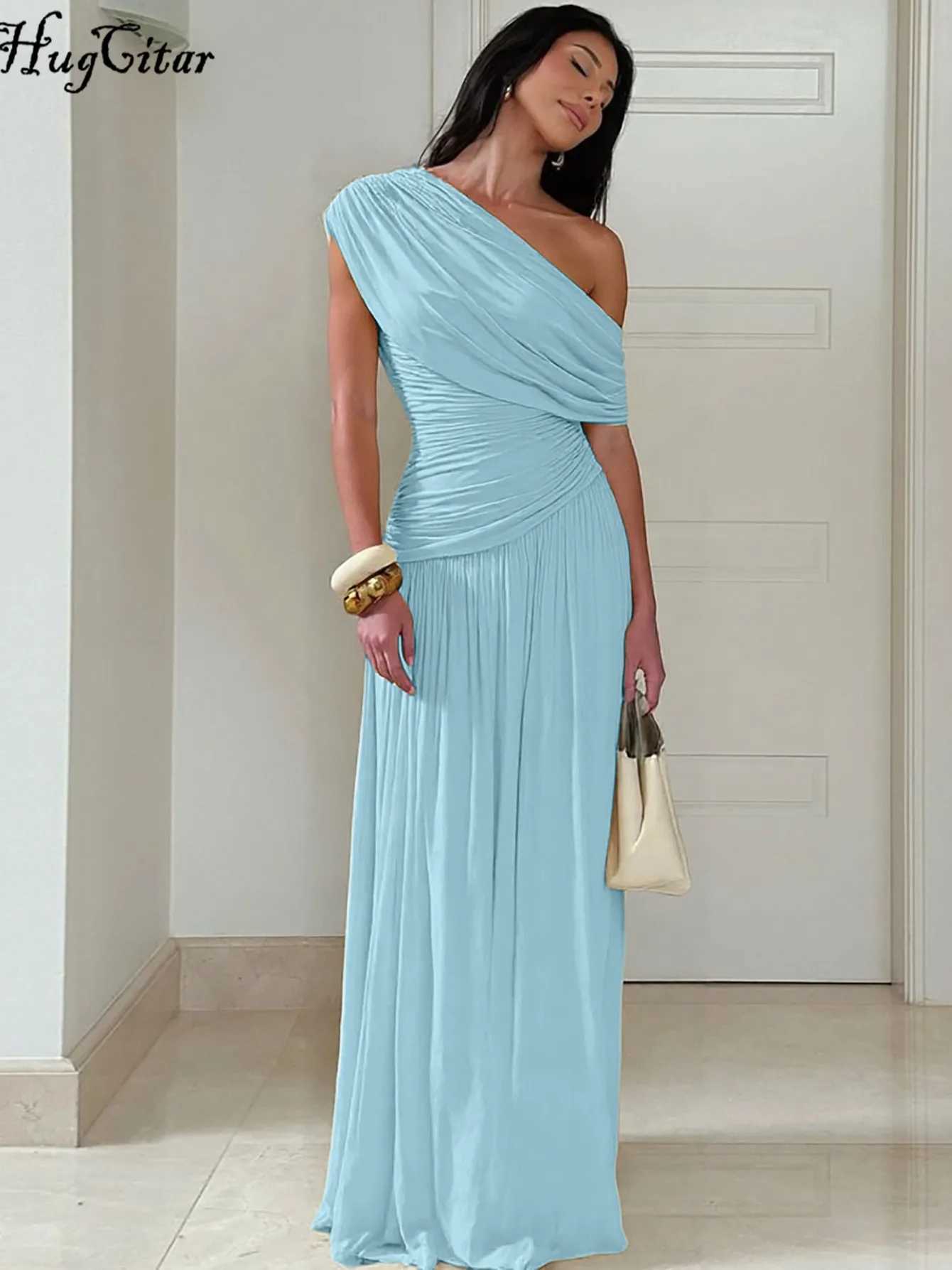 Hugcitar One Shoulder Ruched Sleeveless Solid Pleated Sexy Irregular Y2K Maxi Dress Summer Elegant Party Women Clothes Vacation M260304