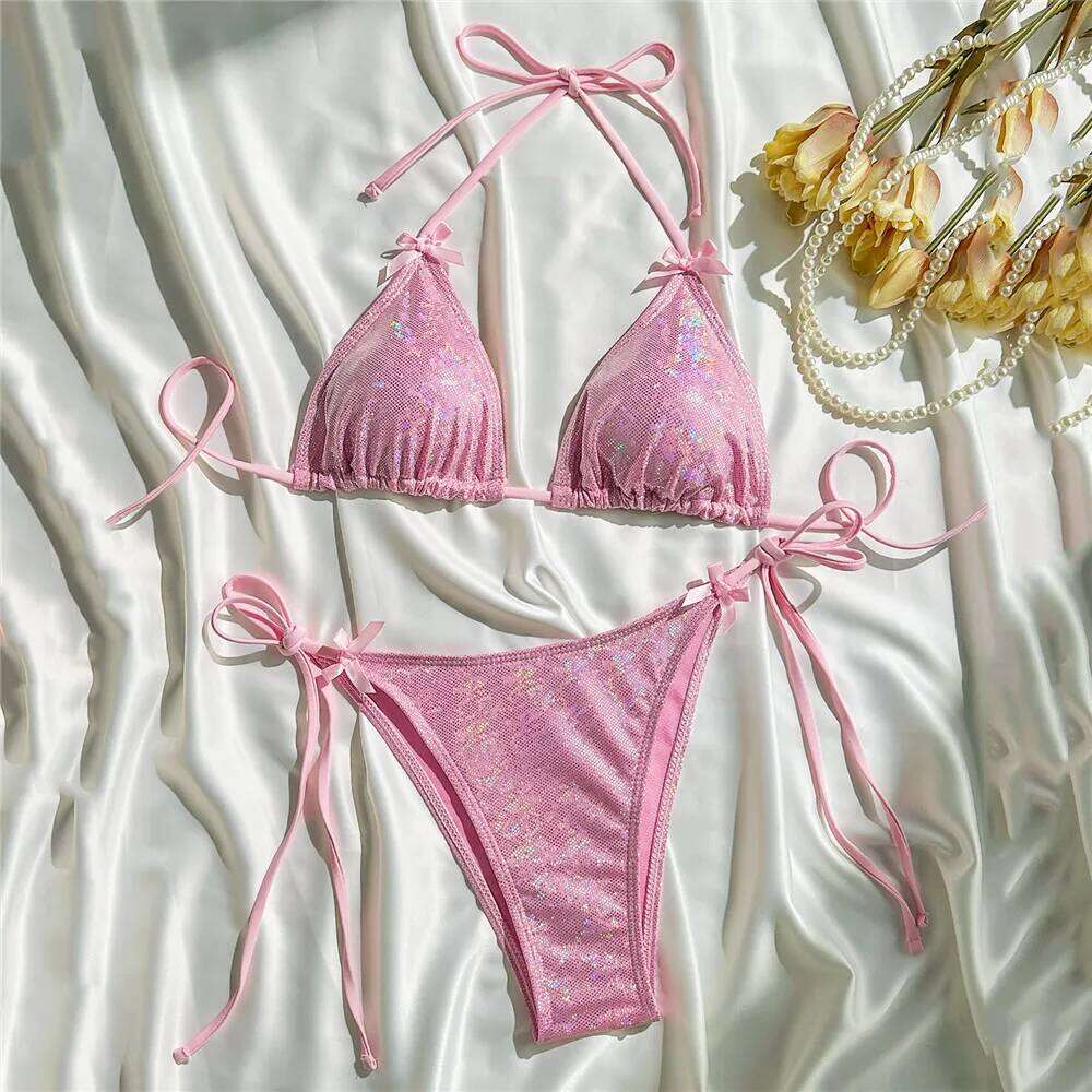 Purple Shiny Bow Swimwear Sexy String Halter Micro Bikini Thong Swimsuit Woman 2026 Bathing Suit Triangle Bikinis Sets De Mujer Y260303
