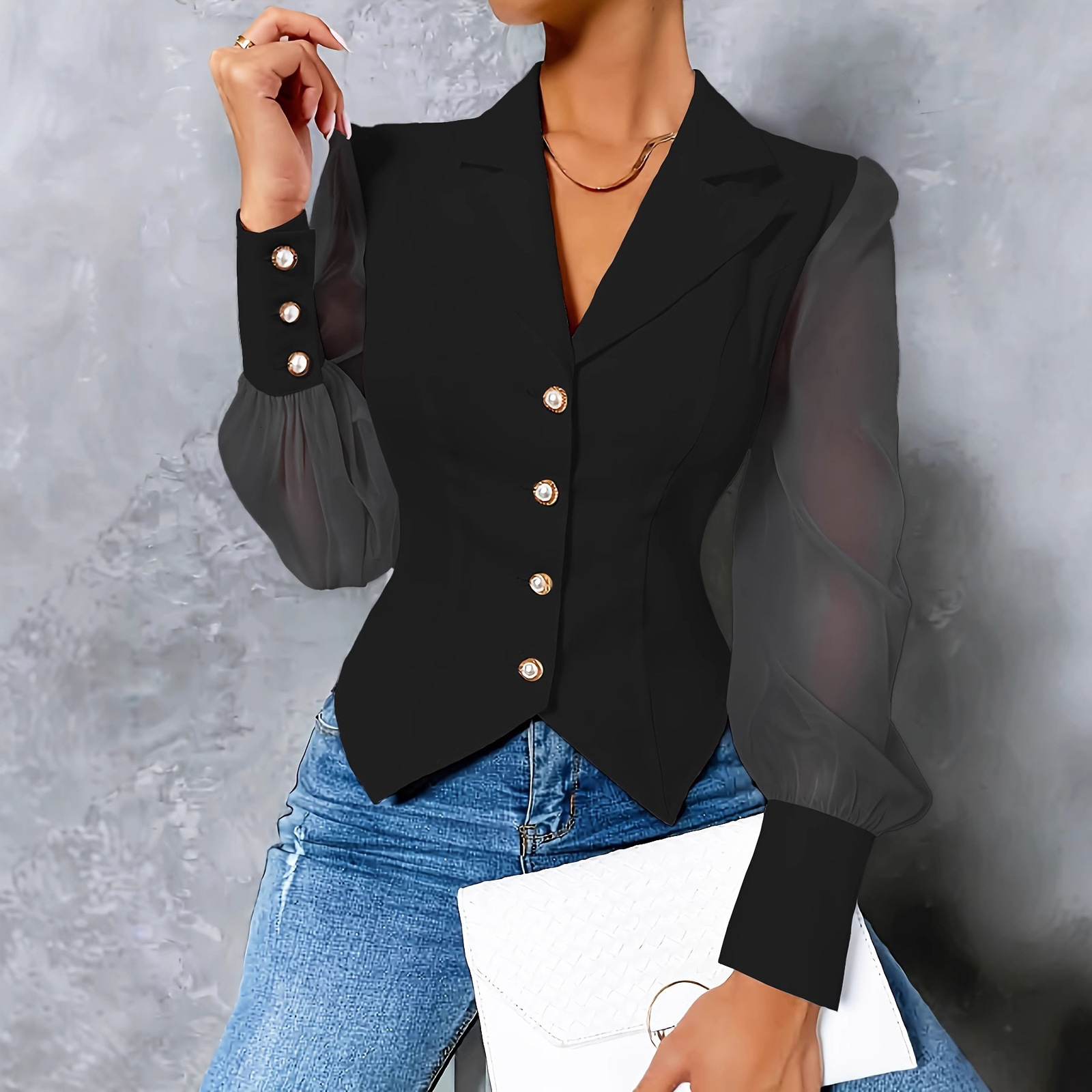 Yeezzi Womens Lapel Blazer Suits Blouses Spring Summer Puff Sleeves See-Through Split-Joint Urban Office Shirts Tops 240715