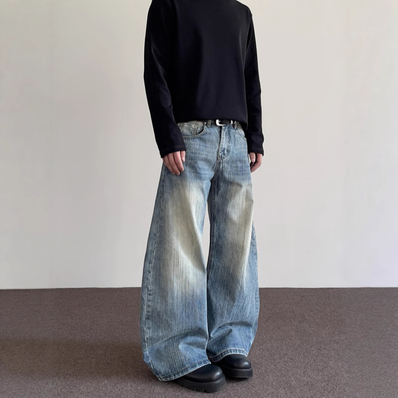 High Street Cleanfit Vintage Washed Distressed Bamboo-knit Curved Hem Jeans For Men And Women American-style Loose Versatile Designer Pants Straight-leg Pants