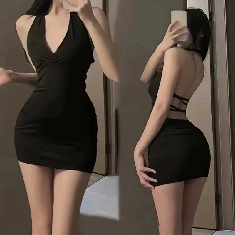Women Sexy Halter Backless Slim V-neck Wrap Black Party Night Mini Dress M260304