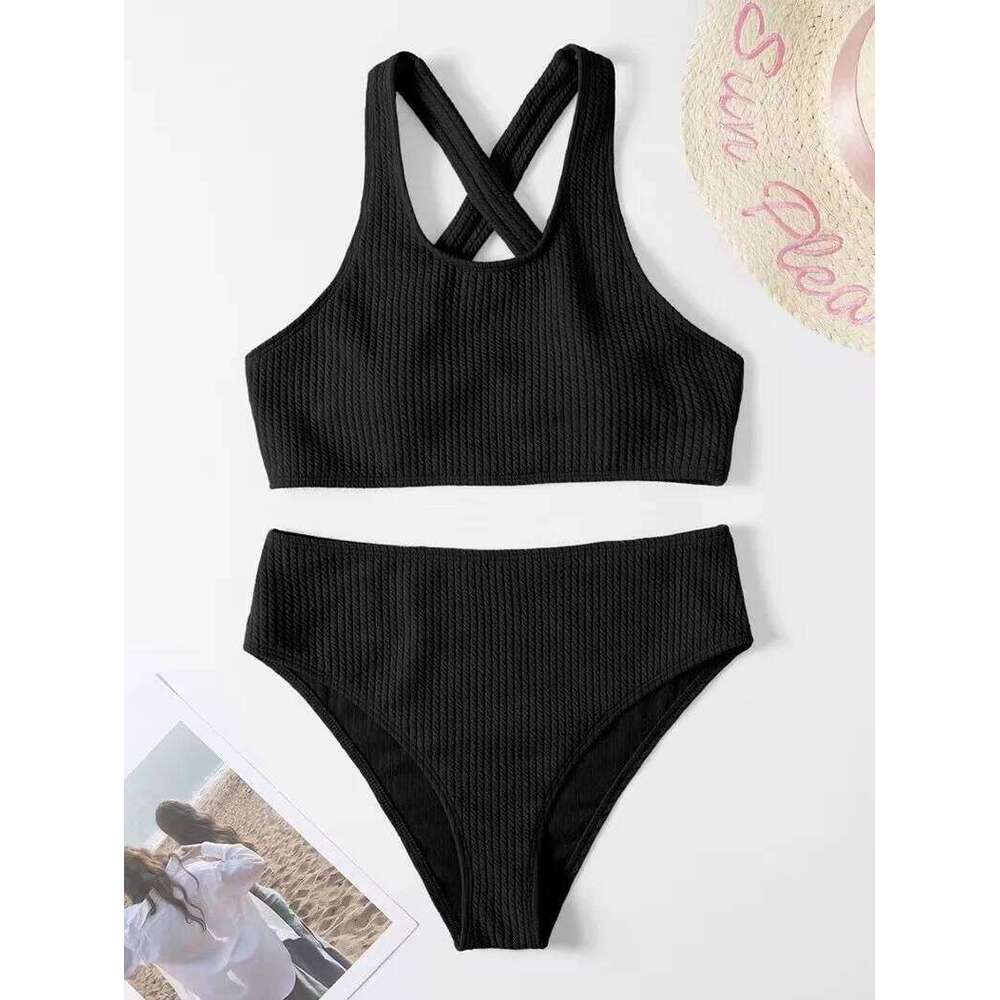 Criss Cross High Waist Bikinis 2024 Women Sexy Black Swimsuit Push Up Swimwear Female Bathing Suit Swimming Summer Beachwear Y260303