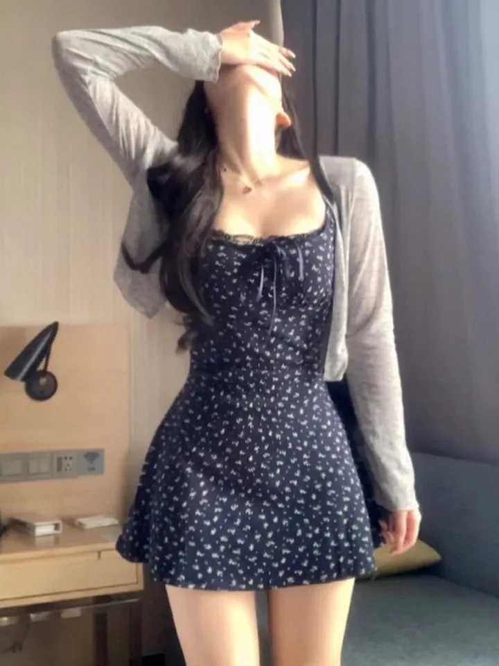 Sweet Spicy Strappy Mini Bodycon Dress Beach Cover-Up for Women Fashionable Fall New Arrivals French Floral Print Waist-Defining M260304