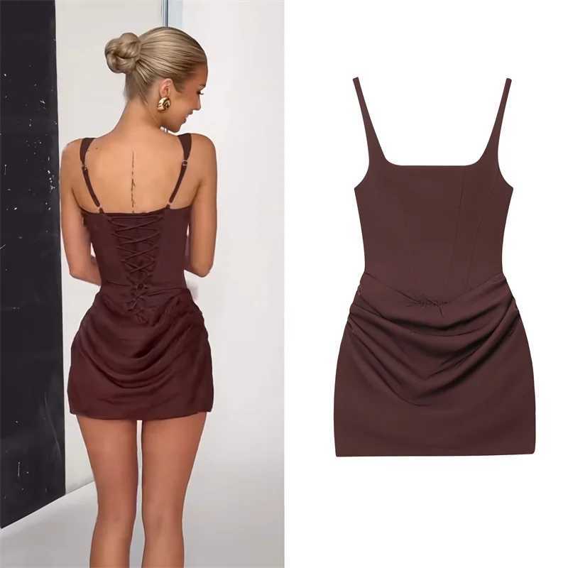 Womens Dress 2025 Autumn New Arrivals Reddish-Brown Spaghetti Strap Sexy Bodycon Mini Dress with Tie Details Stylish and Unique M260304
