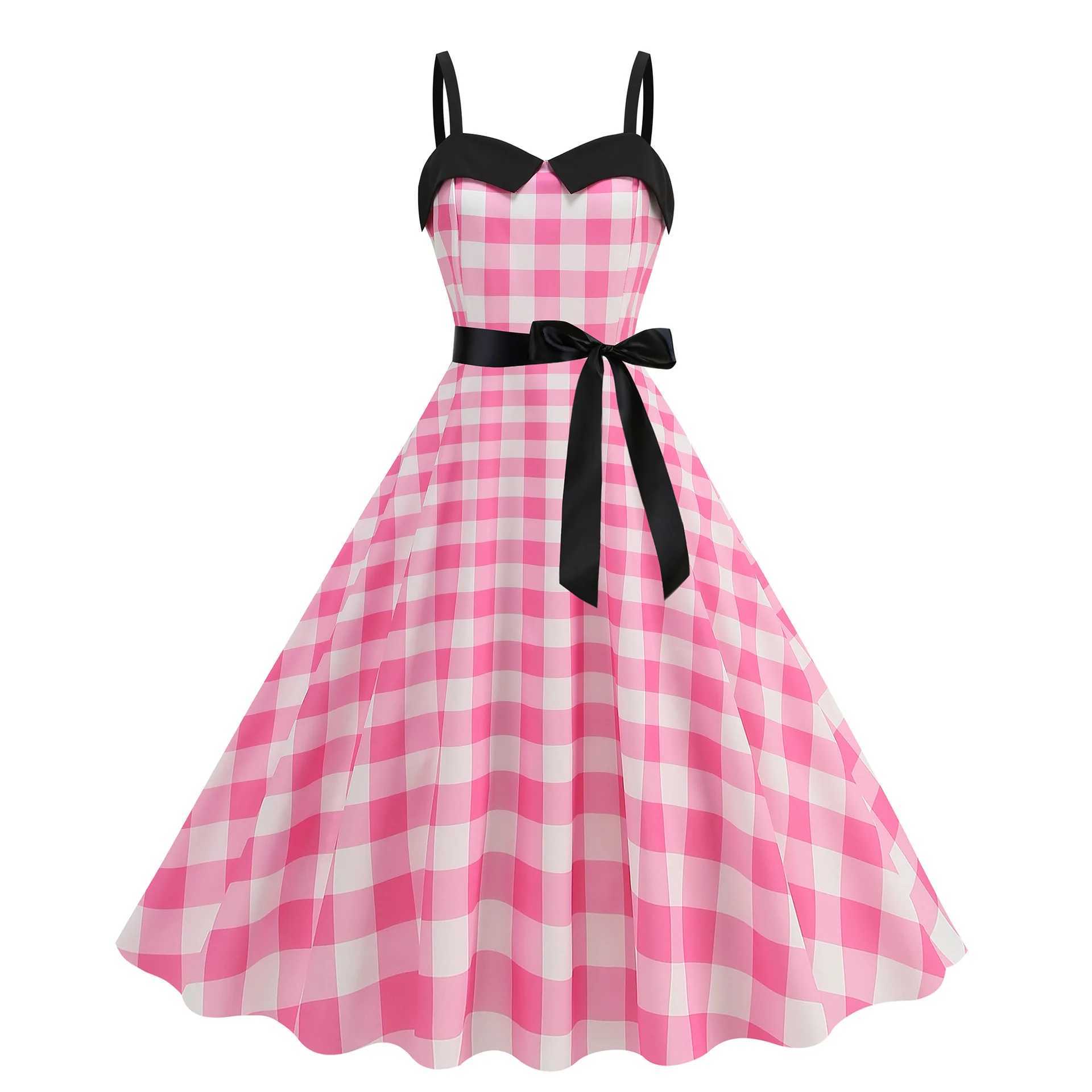 Elegant Women Pink Polka Dot Dress Summer Robe Hepburn 1950s 60s Vintage Sexy Halter Rockabilly Retro Party Dresses 2026 Vestido M260304